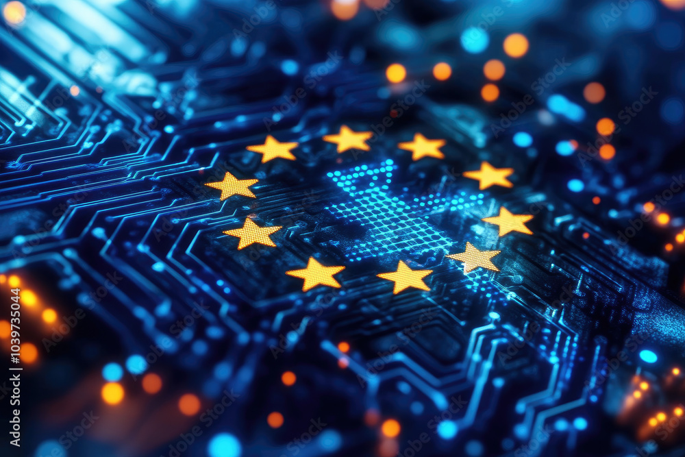 Poster digital representation of the european union, glowing stars on a circuit board background, symbolizi