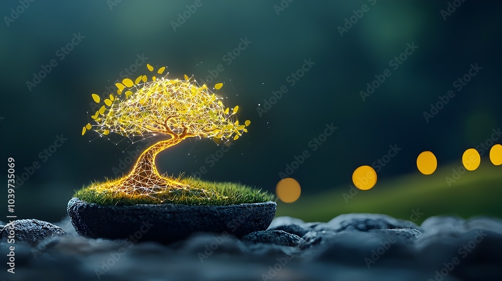 Poster Mesmerizing digital artwork featuring a bonsai tree with intricate glowing mesh patterns decorating its tiny delicate branches  This captivating image evokes a sense of tranquility harmony