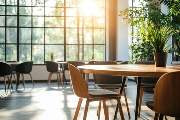 Obraz premium Bright conference room with natural light flooding through large windows, featuring sleek wooden furniture for a modern, open space