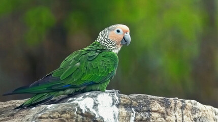 Peach-fronted Parakeet on a Rock: A vibrant Peach-fronted Parakeet perched on a rock, its green feathers contrasting with the blurred green foliage background, creating a serene and tranquil scene.