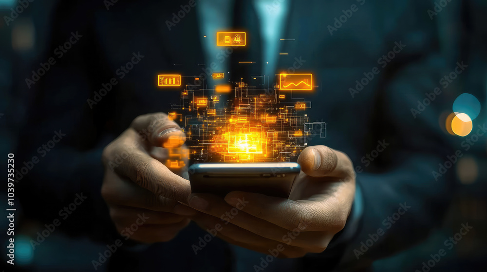 Poster digital innovation, a business professional engages with a smartphone, surrounded by floating digita