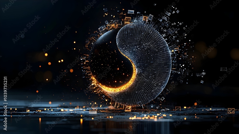 Aufkleber Mesmerizing digital artwork featuring a glowing mesh yin yang symbol with fluid undulating mesh waves surrounding it creating a dynamic harmonious and visually striking composition
