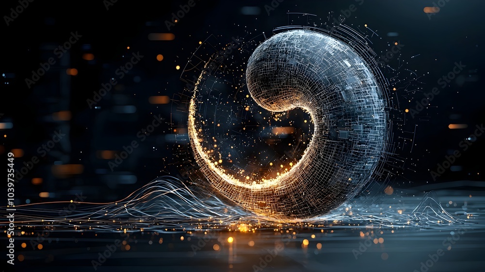 Poster mesmerizing digital artwork featuring a glowing mesh yin yang symbol with fluid dynamic mesh waves s