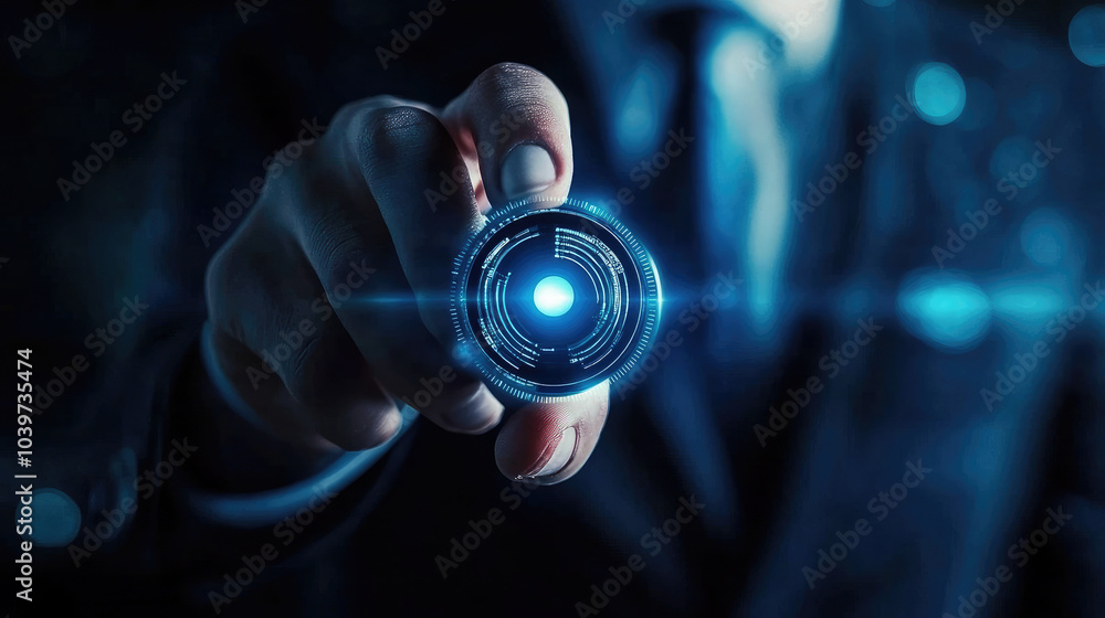 Poster futuristic interface activation, a suited figure points towards a glowing control device in a dark, 
