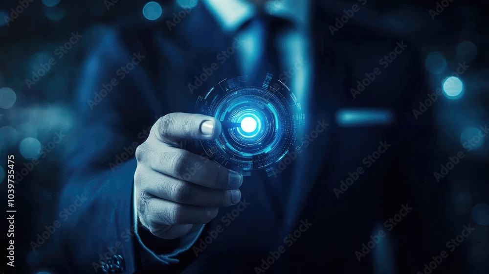 Poster digital interface interaction, a businessman engages with a glowing futuristic interface, emphasizin