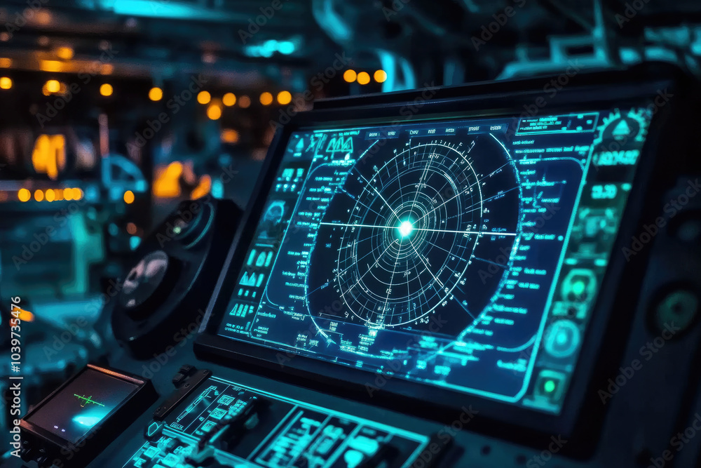 Aufkleber futuristic navigation console, a high-tech display featuring radar-like visuals and glowing interfac