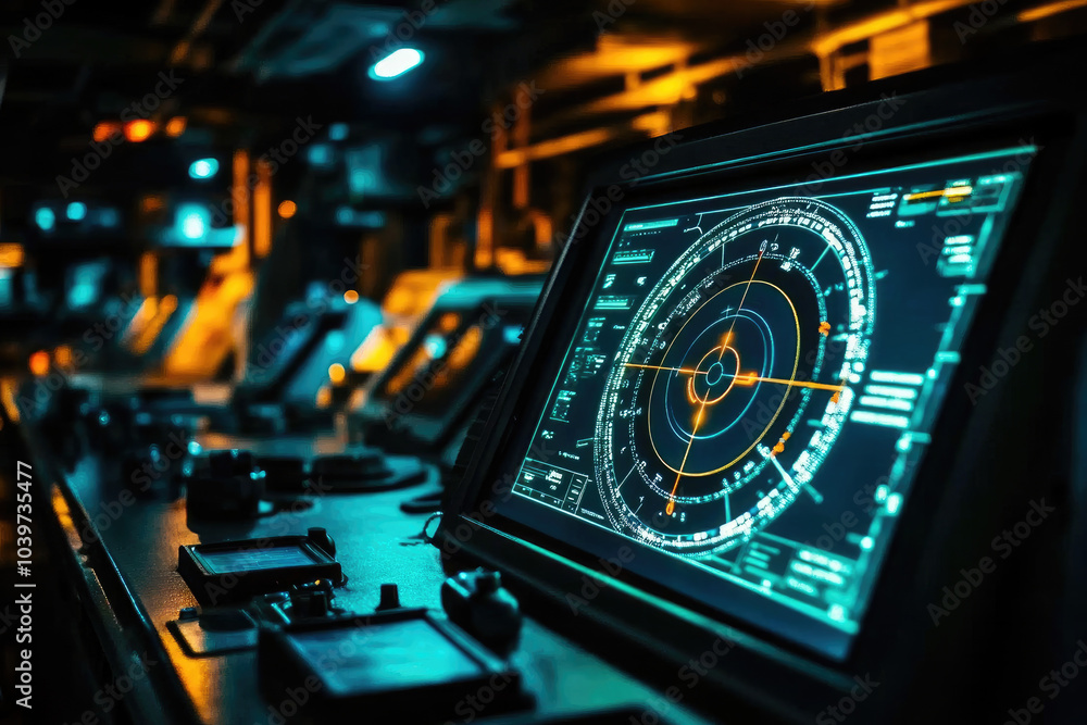 Poster high-tech navigation console in a dimly lit control room, glowing screens displaying radar data and 