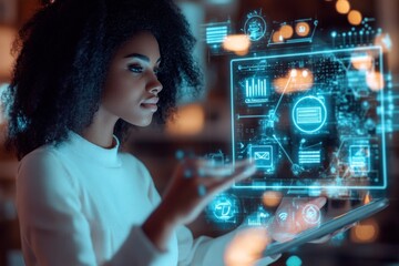 Business hologram on tablet screen, with a woman using digital management tools to interact with SME business icons