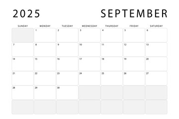 September 2025 monthly planner. Calendar template. Sunday start. Vector design