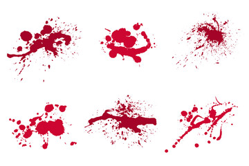 Red Blood Splatters Set. Red blood drops, spray and stains on white background for Halloween, crime and horror designs