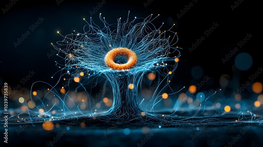 Aufkleber Mesmerizing digital featuring an intricate mandala pattern created by glowing mesh lines on a dark mysterious background  The abstract futuristic design evokes a sense of energy technology