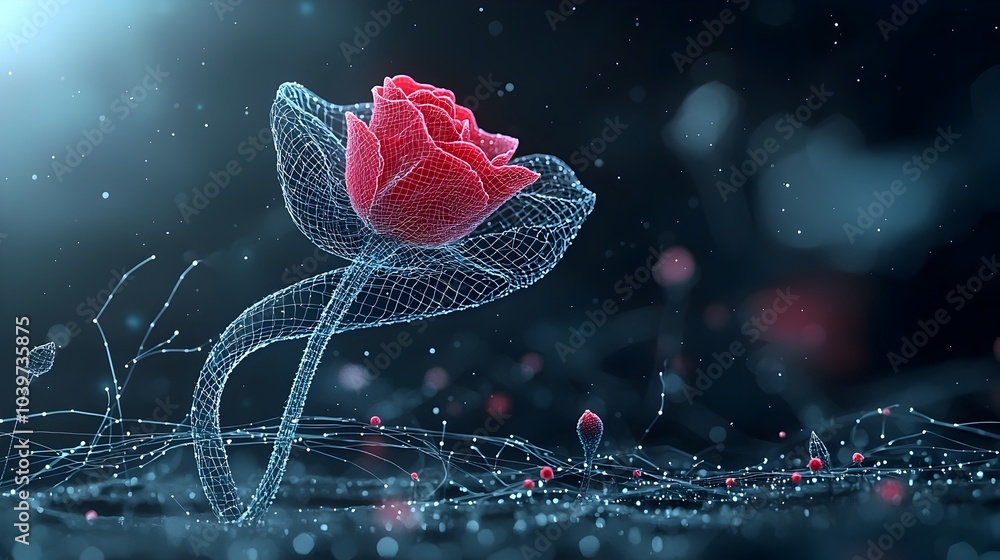 Aufkleber Mesmerizing digital of a blooming rose surrounded by spiraling luminous mesh vines against a dark enigmatic background creating an ethereal captivating and enchanting visual experience