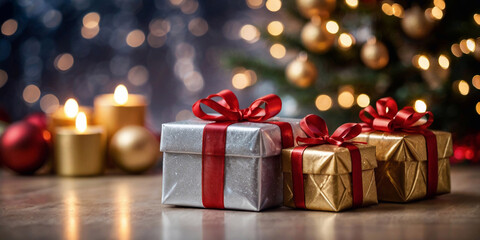christmas gifts with red ribbons and lighting bokeh christmas tree in background