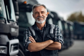 Smiling truck driver, confident and approachable figure stands with crossed arms in front of a fleet of trucks, embodying experience and dedication in the transportation industry