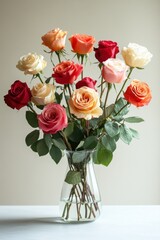 Fototapeta premium Elegant Bouquet of Multicolored Roses in a Clear Glass Vase on a Minimalist Background