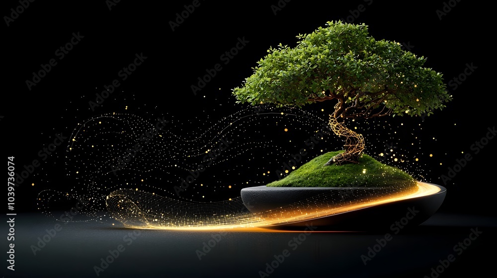 Poster Mesmerizing digital showcasing a bonsai tree with intricate mesh patterns glowing along its tiny branches creating a serene and modern aesthetic