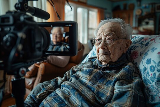 An elderly man sits comfortably in a living room, engaged in an interview as a camera captures his expressions and stories. The warm atmosphere highlights his thoughtful demeanor