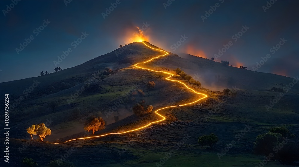 Fototapete Mesmerizing digital showcasing a glowing mesh of lines tracing the fiery path of lava as it flows down the rugged terrain of an active volcano  The dynamic