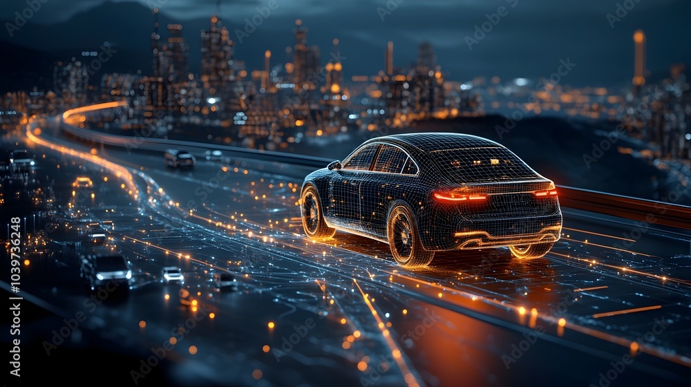 Poster mesmerizing digital showcasing a coastal highway illuminated by a captivating network of glowing mes