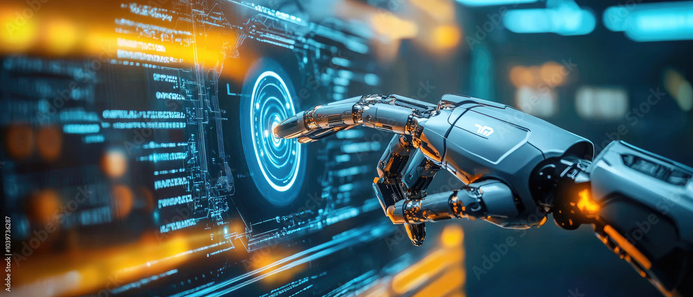 Aufkleber futuristic robot interacting with a holographic interface, exploring advanced technology in a vibran
