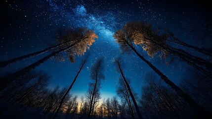 Fototapeta premium Mesmerizing frozen forest landscape under a star filled aurora lit polar night sky A peaceful serene and atmospheric winter scene in the remote wilderness