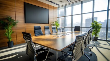 Fototapeta premium Conference room with wooden walls and large windows, creating a modern and airy space perfect for productive meetings