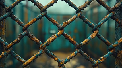 Fototapeta premium Rusty metal bars forming a grid, set against a blurred, moody backdrop, suggesting confinement and decay.