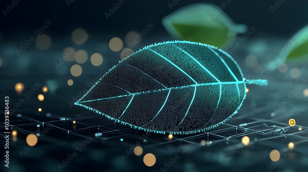 Poster Mesmerizing glow mesh pattern that mimics the intricate veins of a large tropical leaf creating a stunning abstract and digital art design with a futuristic luminous and elegant aesthetic