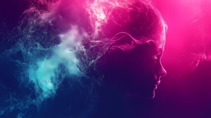 Fototapeta premium Abstract Neon Pink and Blue Profile Silhouette with Glittering Lights
