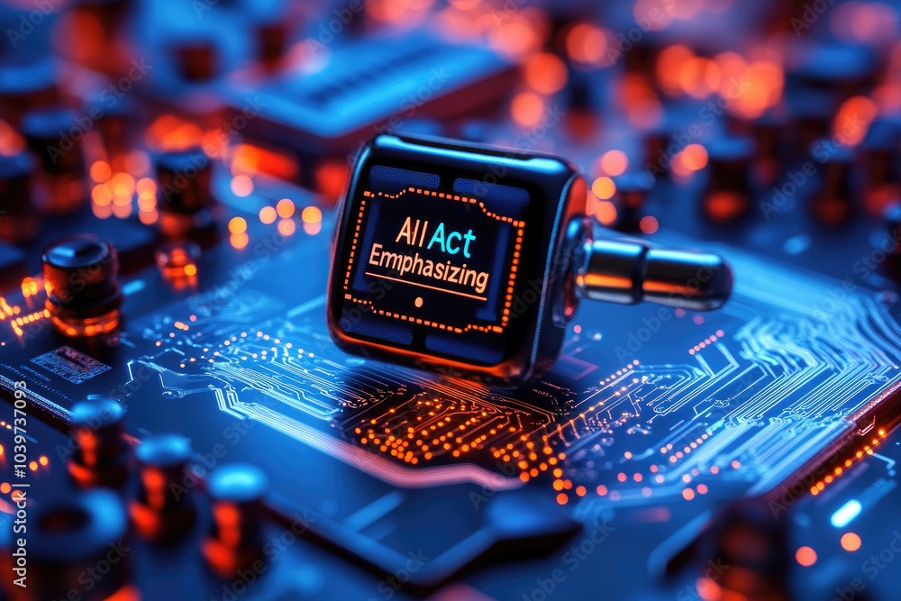 Poster digital circuit board illuminated by vibrant blue and orange lights, featuring a sleek component dis