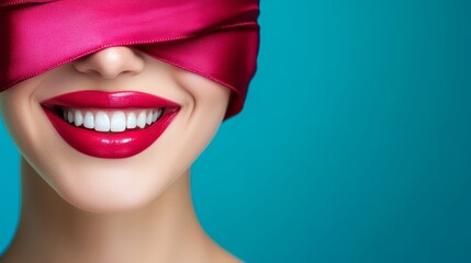 Obraz premium A women's face, tightly framed Red headband covering eyes Lips painted bold red