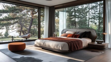 Contemporary bedroom with panoramic glass windows, a stylish bed, and simple nightstand, blending modern design with comfort