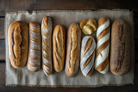 Variety of artisan breads arranged on a rustic table, including baguettes, ciabatta, and rye bread.
