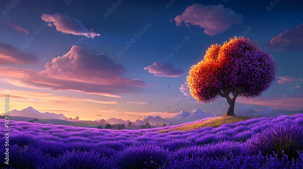 Poster Mesmerizing glowing mesh lines accentuating the serene beauty of lavender fields at dusk creating a captivating and ethereal landscape