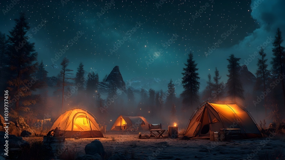 Aufkleber mesmerizing glowing mesh lines creating a captivating starry night sky effect above a peaceful tranq