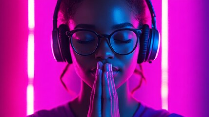 A young woman with headphones and glasses meditating with her eyes closed, illuminated by neon lights.