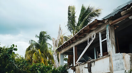 house with broken windows and structural damage to its roof, set against a backdrop of wind-blown palm trees. Reflects the aftermath of a tropical storm in a coastal area.