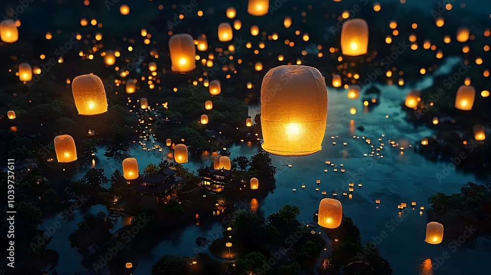 Aufkleber Mesmerizing glowing mesh trails highlighting the gentle floating of illuminated lanterns drifting into the tranquil night sky creating a serene and captivating atmosphere