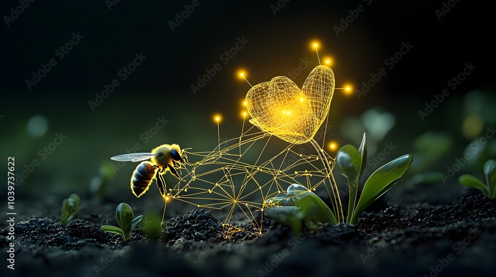 Fototapete Mesmerizing glowing mesh trails representing the interconnected and symbiotic process of flower pollination by bees a beautifully fluid and dynamic of the natural cycles of life