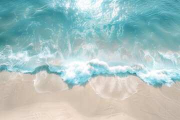Obraz premium Aerial view of sandy beach with clear blue water and sun.
