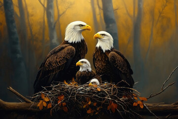 Majestic Bald Eagles Overseeing Their Nest, a serene forest backdrop enveloped in golden hues, showcasing protective parents with their chicks nestled among twigs and leaves.