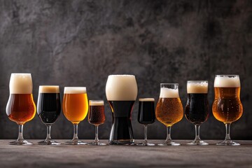 Craft beer varieties poured into different glasses, set on a table for a tasting experience, highlighting the diversity of beer styles