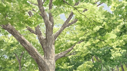 Fototapeta premium Watercolor Illustration of Lush Green Trees in Summer