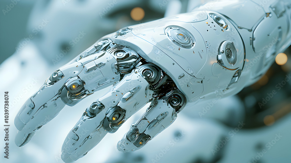 Poster a detailed close-up of a futuristic robotic hand with shiny chrome joints and a white outer shell, d