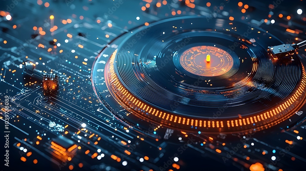 Aufkleber Mesmerizing image of a glowing mesh vinyl record spinning with vibrant neon patterns creating a captivating digital and retro futuristic visual effect