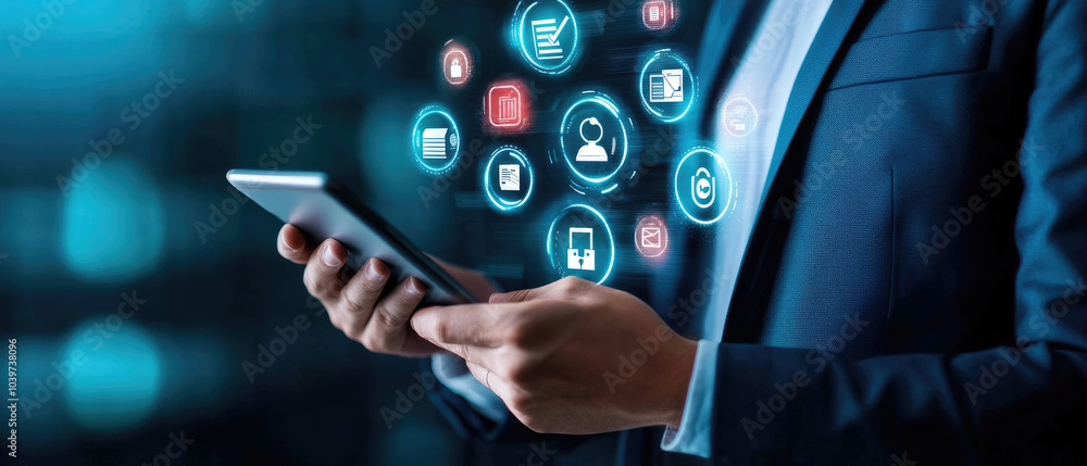 Aufkleber digital transformation in business, a professional holding a tablet surrounded by holographic icons 