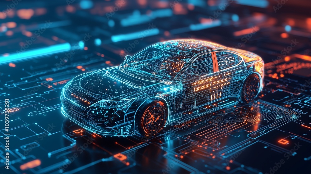 Aufkleber futuristic car hologram on a microchip, symbolizing ai-driven autonomous vehicle technology.
