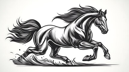 Minimalist drawing of a running horse, its mane and tail flowing behind it, simple and clean lines on a white backdrop, capturing the horse's powerful movement, hd quality, natural feel,