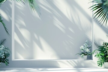 Abstract white studio with shadows of window  flowers  and palm leaves.
