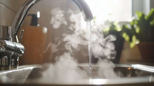 A faucet with steaming hot water symbolizes efficient water heating. Effective resource consumption.